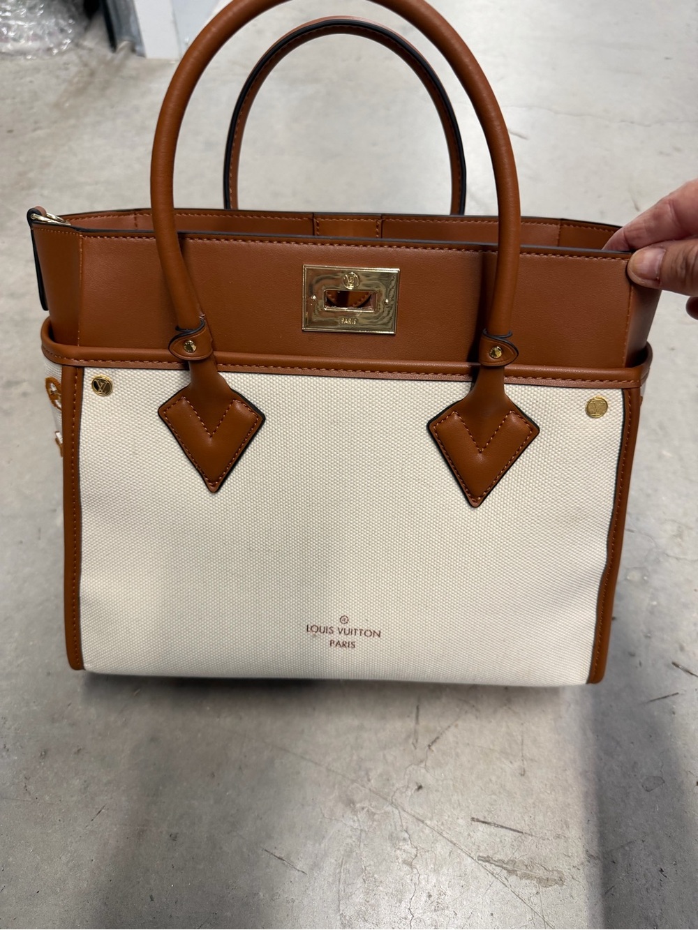 Cream & Tan Canvas Top-Handle Shoulder Bag